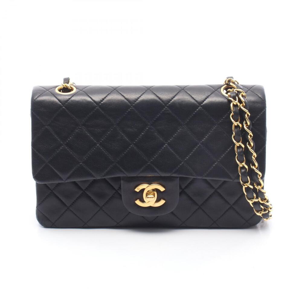 Chanel Matelasse Double Flap Shoulder Bag Lambskin Sheepskin Black